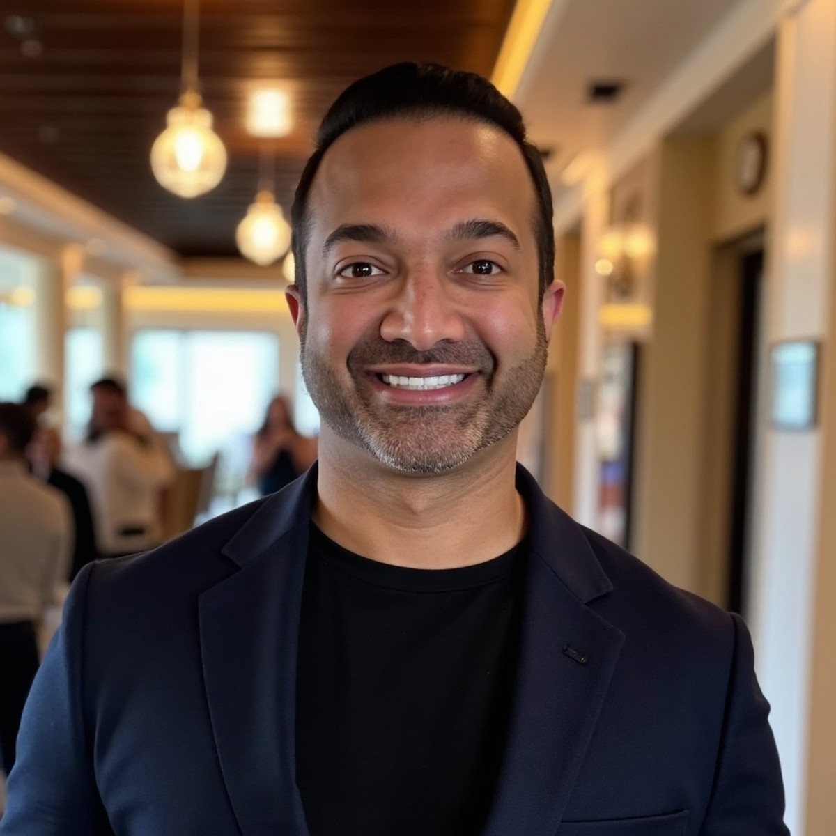 Dr. Roshan Parikh at an industry event, navy blazer over black t-shirt, smiling, conference hall in background