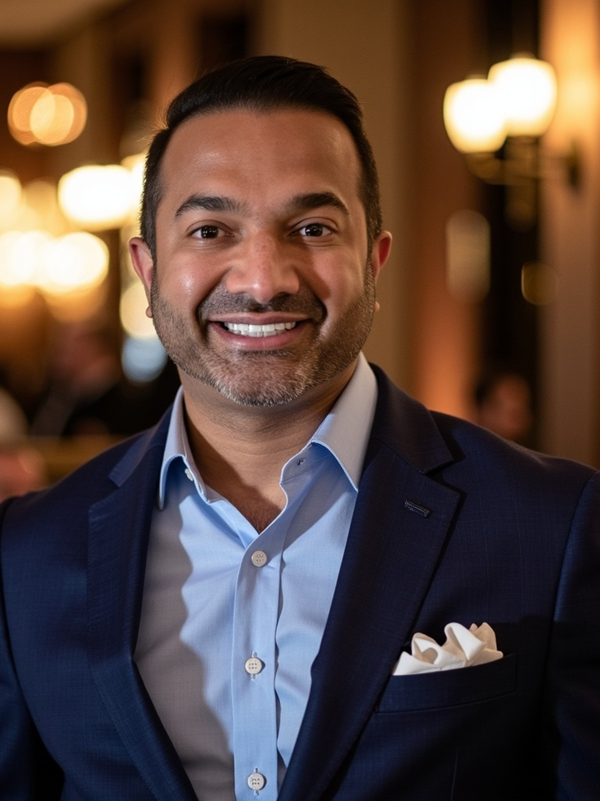 Dr. Roshan Parikh, photographed in navy blazer with pocket square in a warm-lit setting
