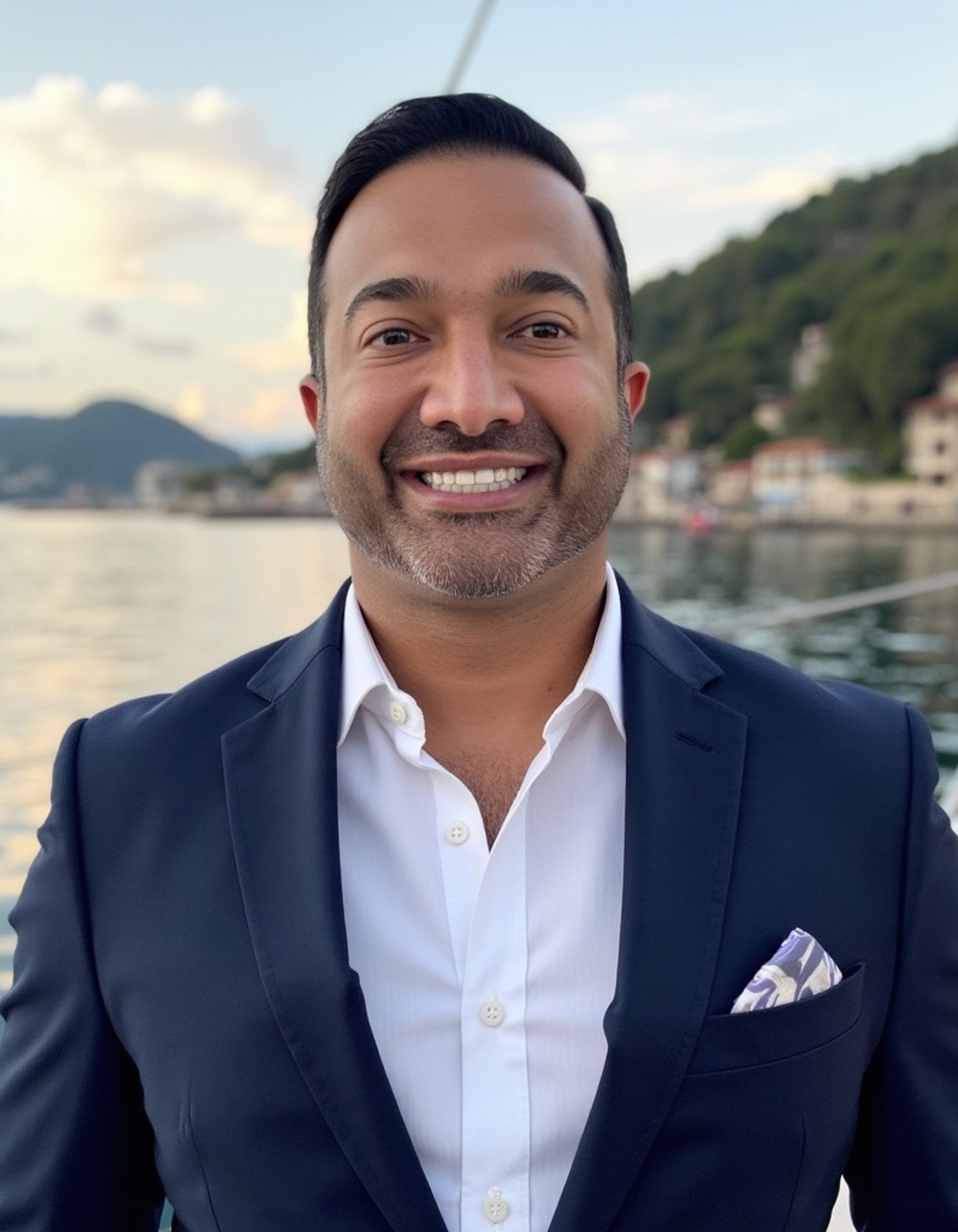 Dr. Roshan Parikh photographed at sunset, navy blazer with paisley pocket square